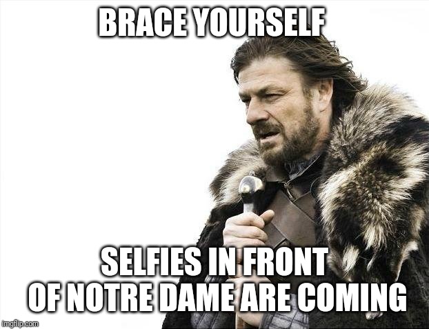 Brace Yourselves X is Coming Meme | BRACE YOURSELF; SELFIES IN FRONT OF NOTRE DAME ARE COMING | image tagged in memes,brace yourselves x is coming | made w/ Imgflip meme maker
