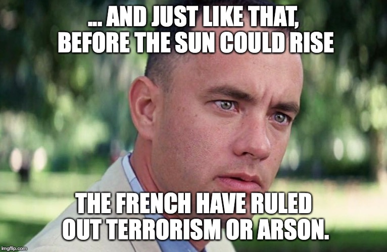 World's fastest investigation has completed and totally ruled out terrorism and arson. | ... AND JUST LIKE THAT, BEFORE THE SUN COULD RISE; THE FRENCH HAVE RULED OUT TERRORISM OR ARSON. | image tagged in 2019,notre dame,fire,terrorism,muslims,islam | made w/ Imgflip meme maker