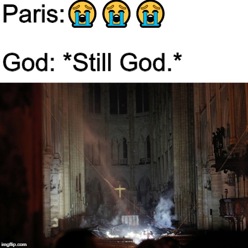 Cross in Notre Dame | Paris:😭😭😭; God: *Still God.* | image tagged in cross in notre dame | made w/ Imgflip meme maker