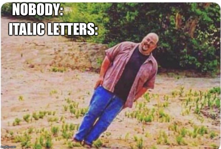 Italic letter | NOBODY:; ITALIC LETTERS: | image tagged in memes,funny,gaming,computers | made w/ Imgflip meme maker