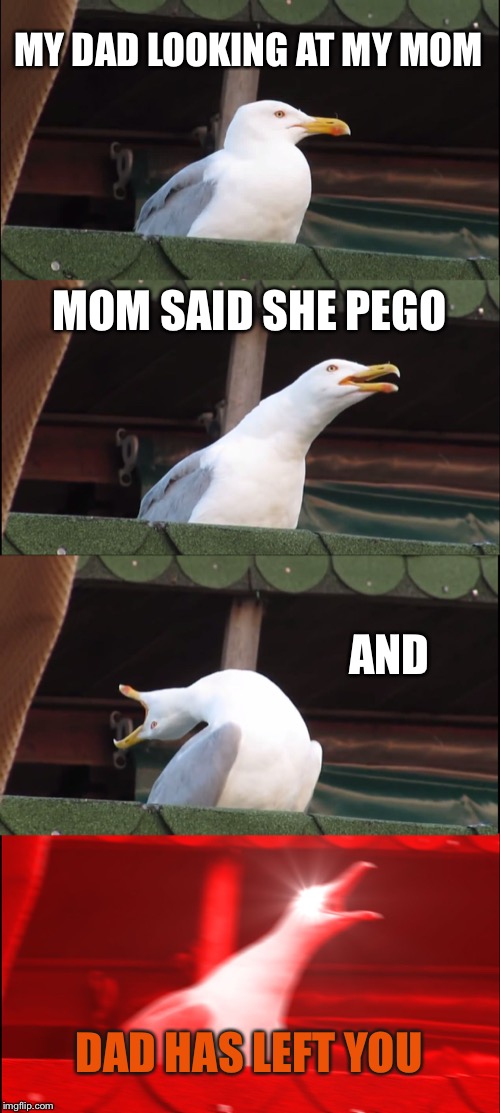 Inhaling Seagull | MY DAD LOOKING AT MY MOM; MOM SAID SHE PEGO; AND; DAD HAS LEFT YOU | image tagged in memes,inhaling seagull | made w/ Imgflip meme maker