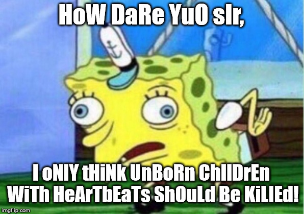 Mocking Spongebob Meme | HoW DaRe YuO sIr, I oNlY tHiNk UnBoRn ChIlDrEn WiTh HeArTbEaTs ShOuLd Be KiLlEd! | image tagged in memes,mocking spongebob | made w/ Imgflip meme maker