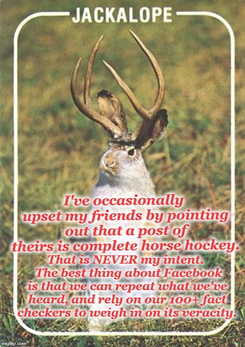 I Never Meant To Upset You | I've occasionally upset my friends by pointing out that a post of theirs is complete horse hockey. That is NEVER my intent.  The best thing about Facebook is that we can repeat what we've heard, and rely on our 100+ fact checkers to weigh in on its veracity. | image tagged in jackalope,facts,facebook,fable,bad luck brian | made w/ Imgflip meme maker