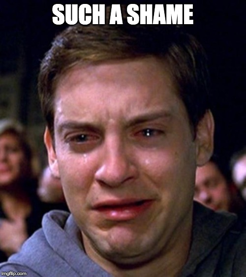 crying peter parker | SUCH A SHAME | image tagged in crying peter parker | made w/ Imgflip meme maker