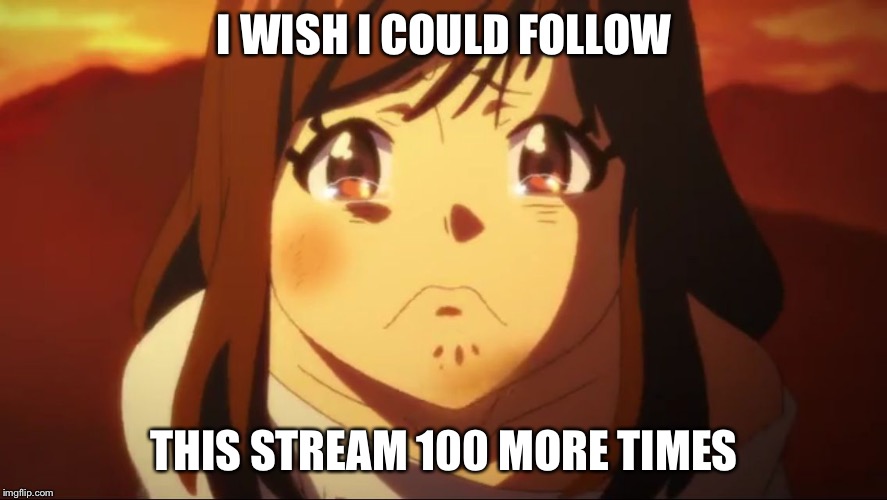 Sad anime face 1 | I WISH I COULD FOLLOW; THIS STREAM 100 MORE TIMES | image tagged in sad anime face 1 | made w/ Imgflip meme maker