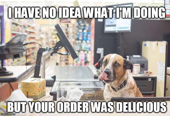 I HAVE NO IDEA WHAT I'M DOING; BUT YOUR ORDER WAS DELICIOUS | image tagged in dog,order,delicious | made w/ Imgflip meme maker