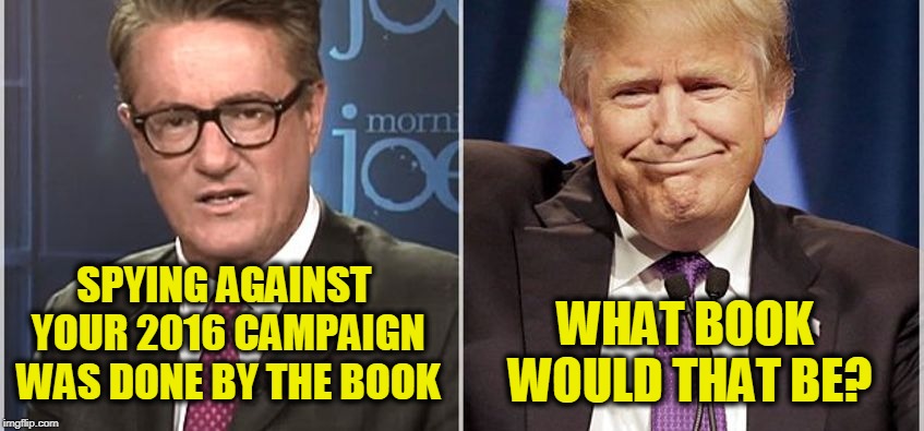Joe Scarborough: Stone Cold Loser | WHAT BOOK WOULD THAT BE? SPYING AGAINST YOUR 2016 CAMPAIGN WAS DONE BY THE BOOK | image tagged in joe scarborough,president trump,spying | made w/ Imgflip meme maker