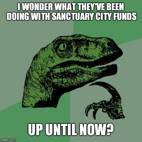 Philosoraptor Meme | I WONDER WHAT THEY'VE BEEN DOING WITH SANCTUARY CITY FUNDS; UP UNTIL NOW? | image tagged in memes,philosoraptor | made w/ Imgflip meme maker