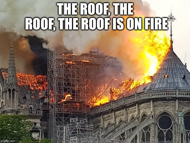 Fire Water Burn | THE ROOF, THE ROOF, THE ROOF IS ON FIRE | image tagged in notre dame | made w/ Imgflip meme maker