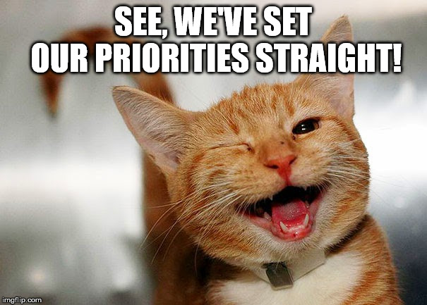 Cat Wink | SEE, WE'VE SET OUR PRIORITIES STRAIGHT! | image tagged in cat wink | made w/ Imgflip meme maker