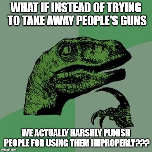 Gun Control Solves Nothing | WHAT IF INSTEAD OF TRYING TO TAKE AWAY PEOPLE'S GUNS; WE ACTUALLY HARSHLY PUNISH PEOPLE FOR USING THEM IMPROPERLY??? | image tagged in memes,philosoraptor | made w/ Imgflip meme maker
