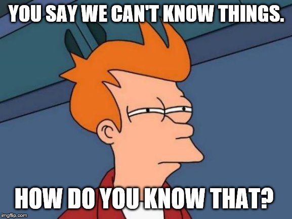 Futurama Fry Meme | YOU SAY WE CAN'T KNOW THINGS. HOW DO YOU KNOW THAT? | image tagged in memes,futurama fry | made w/ Imgflip meme maker