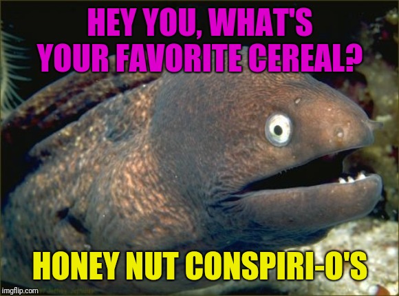 Bad Joke Eel Meme | HEY YOU, WHAT'S YOUR FAVORITE CEREAL? HONEY NUT CONSPIRI-O'S | image tagged in memes,bad joke eel | made w/ Imgflip meme maker