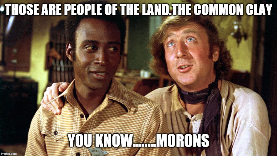Bart and Jim Blazing Saddles | THOSE ARE PEOPLE OF THE LAND.THE COMMON CLAY YOU KNOW...…..MORONS | image tagged in bart and jim blazing saddles | made w/ Imgflip meme maker