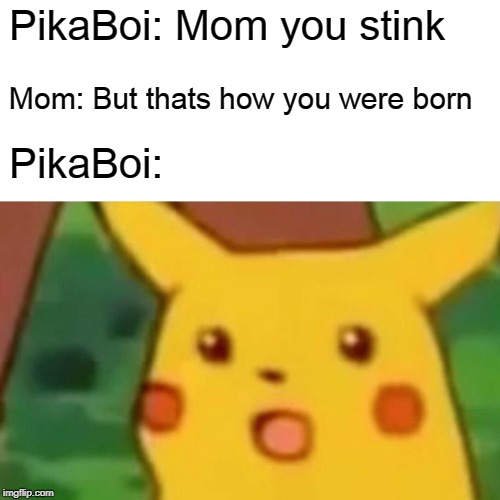 Surprised Pikachu Meme | PikaBoi: Mom you stink; Mom: But thats how you were born; PikaBoi: | image tagged in memes,surprised pikachu | made w/ Imgflip meme maker