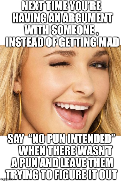 Don’t get mad, think clever instead |  NEXT TIME YOU’RE HAVING AN ARGUMENT WITH SOMEONE ,  INSTEAD OF GETTING MAD; SAY  “NO PUN INTENDED”    WHEN THERE WASN’T A PUN AND LEAVE THEM TRYING TO FIGURE IT OUT | image tagged in puns,argument,anger management | made w/ Imgflip meme maker