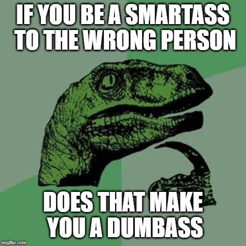 raptor | IF YOU BE A SMARTASS TO THE WRONG PERSON; DOES THAT MAKE YOU A DUMBASS | image tagged in raptor | made w/ Imgflip meme maker