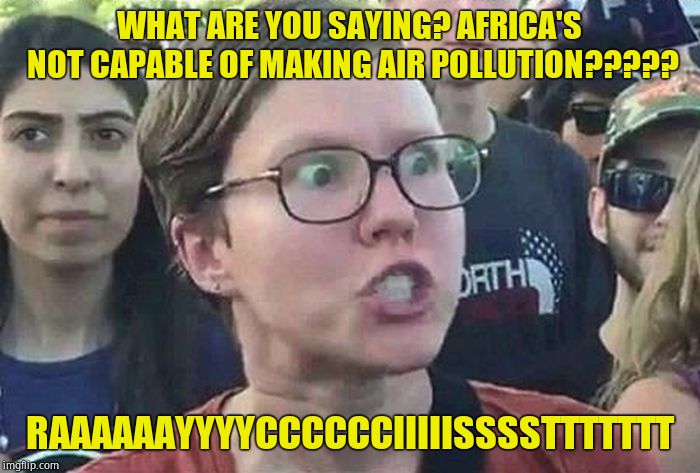 Triggered Liberal | WHAT ARE YOU SAYING? AFRICA'S NOT CAPABLE OF MAKING AIR POLLUTION????? RAAAAAAYYYYCCCCCCIIIIISSSSTTTTTTT | image tagged in triggered liberal | made w/ Imgflip meme maker