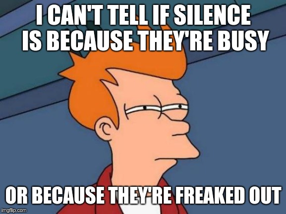 Futurama Fry | I CAN'T TELL IF SILENCE IS BECAUSE THEY'RE BUSY; OR BECAUSE THEY'RE FREAKED OUT | image tagged in memes,futurama fry | made w/ Imgflip meme maker