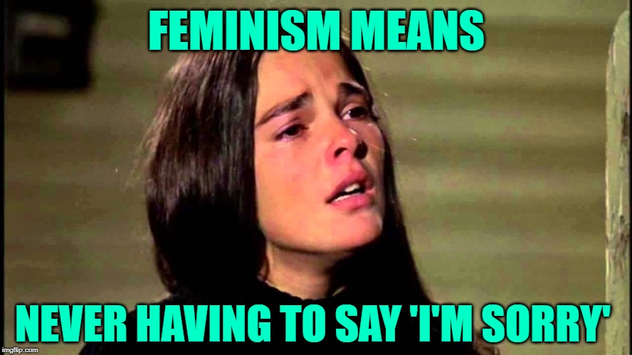 Feminism Story | FEMINISM MEANS; NEVER HAVING TO SAY 'I'M SORRY' | image tagged in love story,feminism,movies,i'm sorry,women,mashup | made w/ Imgflip meme maker