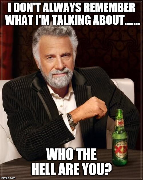 The Most Interesting Man In The World Meme | I DON'T ALWAYS REMEMBER WHAT I'M TALKING ABOUT...…. WHO THE HELL ARE YOU? | image tagged in memes,the most interesting man in the world | made w/ Imgflip meme maker