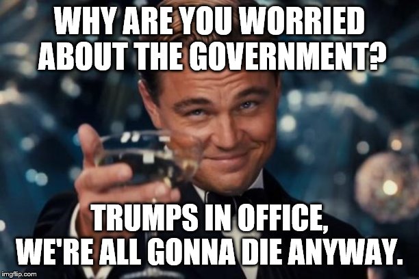 Leonardo Dicaprio Cheers Meme | WHY ARE YOU WORRIED ABOUT THE GOVERNMENT? TRUMPS IN OFFICE, WE'RE ALL GONNA DIE ANYWAY. | image tagged in memes,leonardo dicaprio cheers | made w/ Imgflip meme maker
