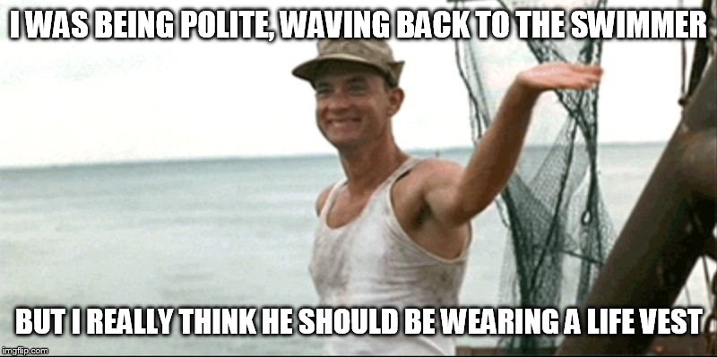 Forest Gump waving | I WAS BEING POLITE, WAVING BACK TO THE SWIMMER; BUT I REALLY THINK HE SHOULD BE WEARING A LIFE VEST | image tagged in forest gump waving | made w/ Imgflip meme maker