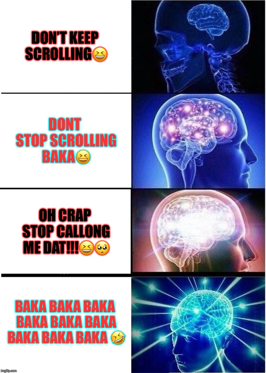 Expanding Brain Meme | DON’T KEEP SCROLLING😆; DONT STOP SCROLLING BAKA😆; OH CRAP STOP CALLONG ME DAT!!!😆🥺; BAKA BAKA BAKA BAKA BAKA BAKA BAKA BAKA BAKA 🤣 | image tagged in memes,expanding brain | made w/ Imgflip meme maker