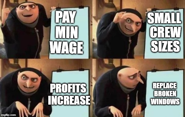 Gru's Plan | PAY MIN WAGE; SMALL CREW SIZES; PROFITS INCREASE; REPLACE BROKEN WINDOWS | image tagged in gru's plan | made w/ Imgflip meme maker