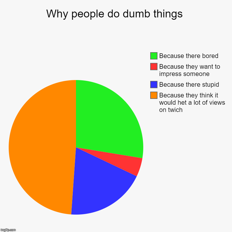 Why people do dumb things | Because they think it would het a lot of views on twich, Because there stupid, Because they want to impress some | image tagged in charts,pie charts | made w/ Imgflip chart maker