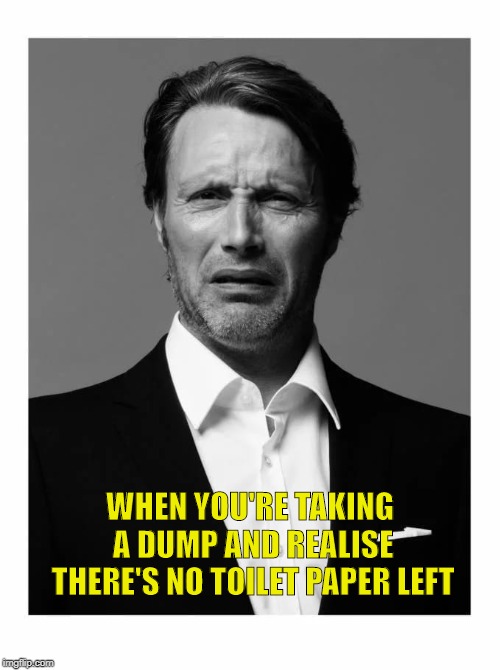 Mads Mikkelsen Impressions | WHEN YOU'RE TAKING A DUMP AND REALISE THERE'S NO TOILET PAPER LEFT | image tagged in funny,memes,hilarious,lol,lol so funny | made w/ Imgflip meme maker