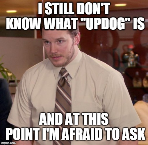 Afraid To Ask Andy Meme | I STILL DON'T KNOW WHAT "UPDOG" IS; AND AT THIS POINT I'M AFRAID TO ASK | image tagged in memes,afraid to ask andy | made w/ Imgflip meme maker