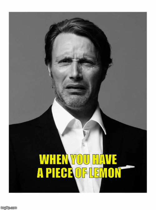 Mads Mikkelsen Impressions | WHEN YOU HAVE A PIECE OF LEMON | image tagged in funny,memes,funny memes,lol,hilarious | made w/ Imgflip meme maker
