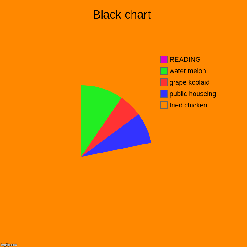 Black chart | fried chicken, public houseing, grape koolaid, water melon, READING | image tagged in charts,pie charts,gamer | made w/ Imgflip chart maker