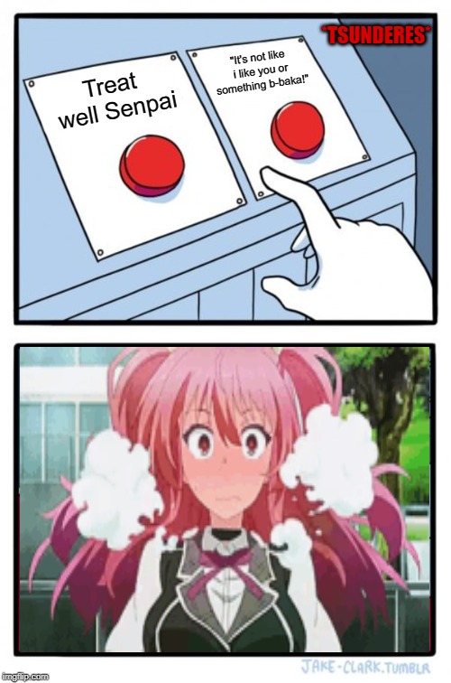 Two Buttons | *TSUNDERES*; "It's not like i like you or something b-baka!"; Treat well Senpai | image tagged in memes,two buttons | made w/ Imgflip meme maker