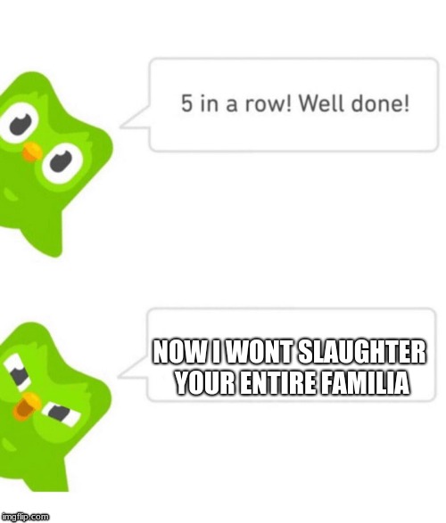 Duolingo 5 in a row | NOW I WONT SLAUGHTER YOUR ENTIRE FAMILIA | image tagged in duolingo 5 in a row | made w/ Imgflip meme maker