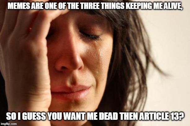 First World Problems | MEMES ARE ONE OF THE THREE THINGS KEEPING ME ALIVE, SO I GUESS YOU WANT ME DEAD THEN ARTICLE 13? | image tagged in memes,first world problems | made w/ Imgflip meme maker