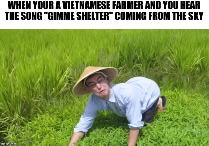 WELCOME TO THE RICE FIELDS |  WHEN YOUR A VIETNAMESE FARMER AND YOU HEAR THE SONG "GIMME SHELTER" COMING FROM THE SKY | image tagged in welcome to the rice fields | made w/ Imgflip meme maker