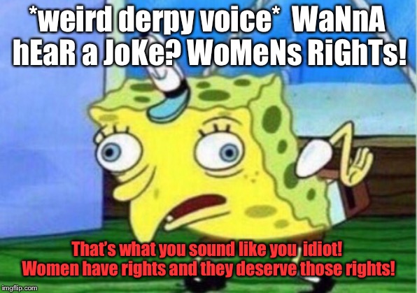 Mocking Spongebob Meme | *weird derpy voice*  WaNnA hEaR a JoKe? WoMeNs RiGhTs! That’s what you sound like you  idiot! Women have rights and they deserve those right | image tagged in memes,mocking spongebob | made w/ Imgflip meme maker