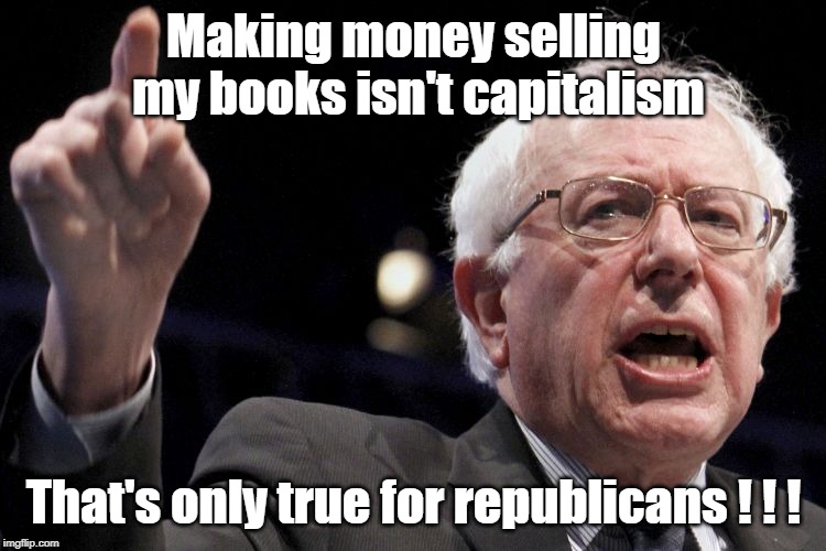 Bernie the Millionaire | Making money selling my books isn't capitalism; That's only true for republicans ! ! ! | image tagged in bernie sanders | made w/ Imgflip meme maker