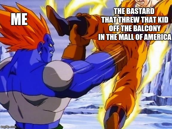 DBZ ANDRIOD 13 PUNCHES GOKU IN DA BALLZ | THE BASTARD THAT THREW THAT KID OFF THE BALCONY IN THE MALL OF AMERICA; ME | image tagged in dbz andriod 13 punches goku in da ballz | made w/ Imgflip meme maker