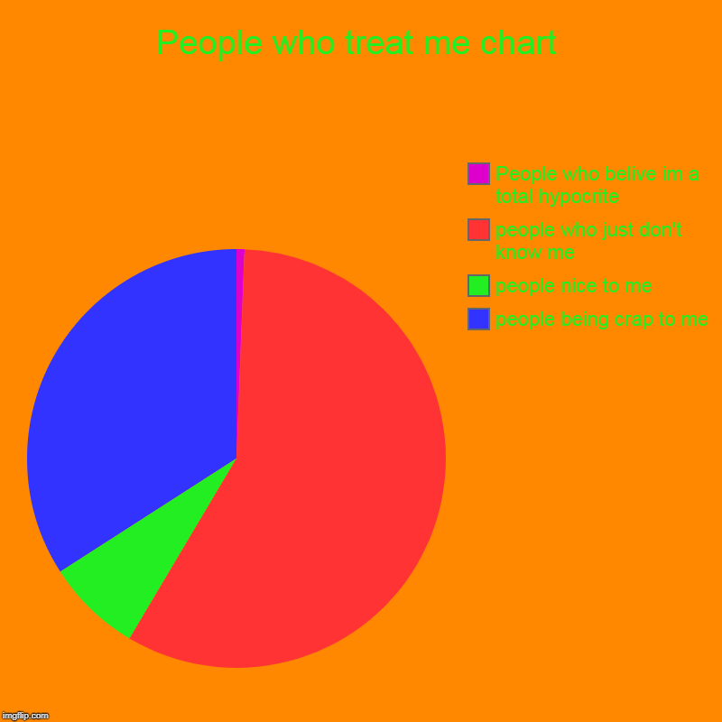 People who treat me chart | people being crap to me, people nice to me, people who just don't know me, People who belive im a total hypocrit | image tagged in charts,pie charts | made w/ Imgflip chart maker