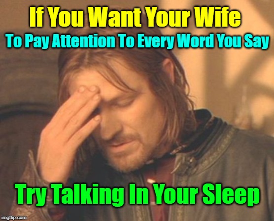 Raydog reposted his own meme, and it was unfairly sent back to submission... show support, and Repost Your Own Meme this week! | If You Want Your Wife; To Pay Attention To Every Word You Say; Try Talking In Your Sleep | image tagged in memes,frustrated boromir,imgflip,repost your own meme week,raydog,imgflip mods | made w/ Imgflip meme maker
