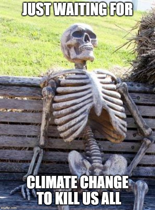 Waiting Skeleton | JUST WAITING FOR; CLIMATE CHANGE TO KILL US ALL | image tagged in memes,waiting skeleton | made w/ Imgflip meme maker