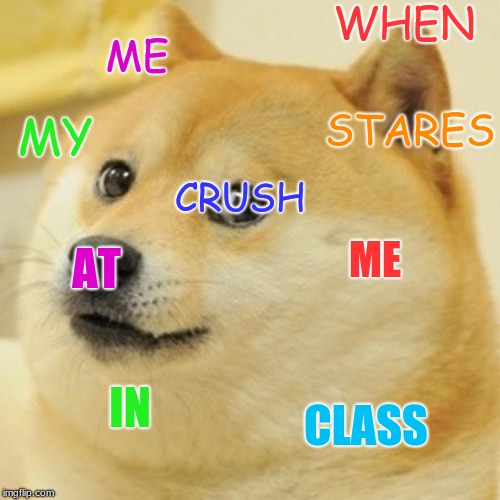 Doge | WHEN; ME; STARES; MY; CRUSH; AT; ME; CLASS; IN | image tagged in memes,doge | made w/ Imgflip meme maker