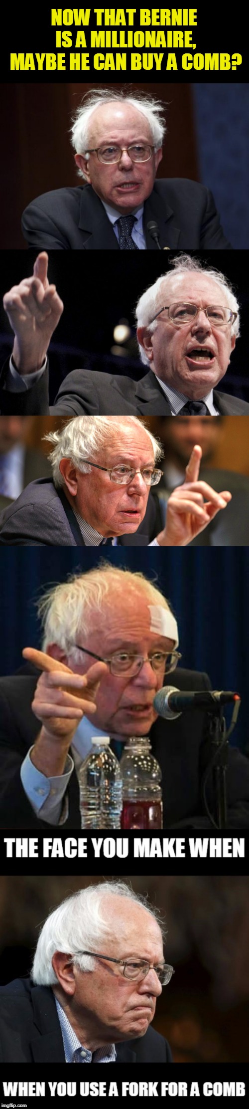 even worse than Trumps doo. | NOW THAT BERNIE IS A MILLIONAIRE, MAYBE HE CAN BUY A COMB? | image tagged in bad hair day,bad hair life,bernie sanders,politics | made w/ Imgflip meme maker