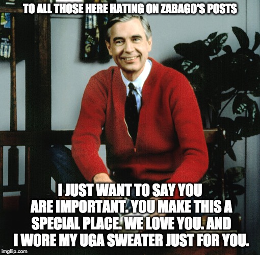 TO ALL THOSE HERE HATING ON ZABAGO'S POSTS; I JUST WANT TO SAY YOU ARE IMPORTANT. YOU MAKE THIS A SPECIAL PLACE. WE LOVE YOU. AND I WORE MY UGA SWEATER JUST FOR YOU. | image tagged in uga,rodgers | made w/ Imgflip meme maker