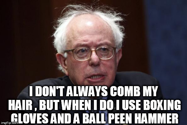 Bernie Sanders | I DON'T ALWAYS COMB MY HAIR , BUT WHEN I DO I USE BOXING GLOVES AND A BALL PEEN HAMMER | image tagged in bernie sanders | made w/ Imgflip meme maker