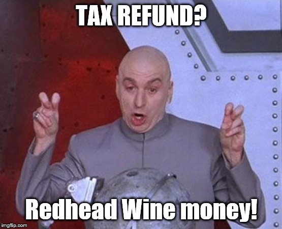 Dr Evil Laser |  TAX REFUND? Redhead Wine money! | image tagged in memes,dr evil laser | made w/ Imgflip meme maker