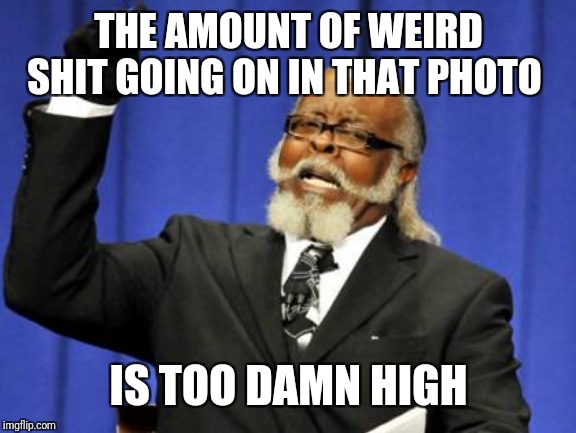 Too Damn High Meme | THE AMOUNT OF WEIRD SHIT GOING ON IN THAT PHOTO IS TOO DAMN HIGH | image tagged in memes,too damn high | made w/ Imgflip meme maker